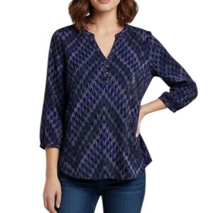 Dana Buchman Classic Geometric V Neck 3/4 Sleeve Pullover Blouse Large Purple